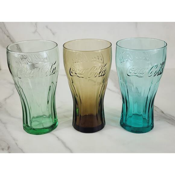 Coca Cola Libbey Drinking Glasses 16oz Embossed 6" Retro Green Blue Brown x3 - Picture 6 of 13